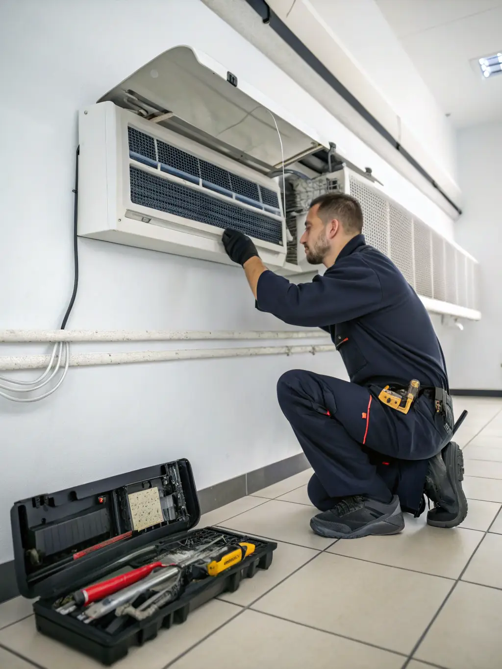 A technician performing maintenance on an AC unit, checking refrigerant levels and cleaning coils, ensuring the system is running efficiently and preventing future breakdowns.