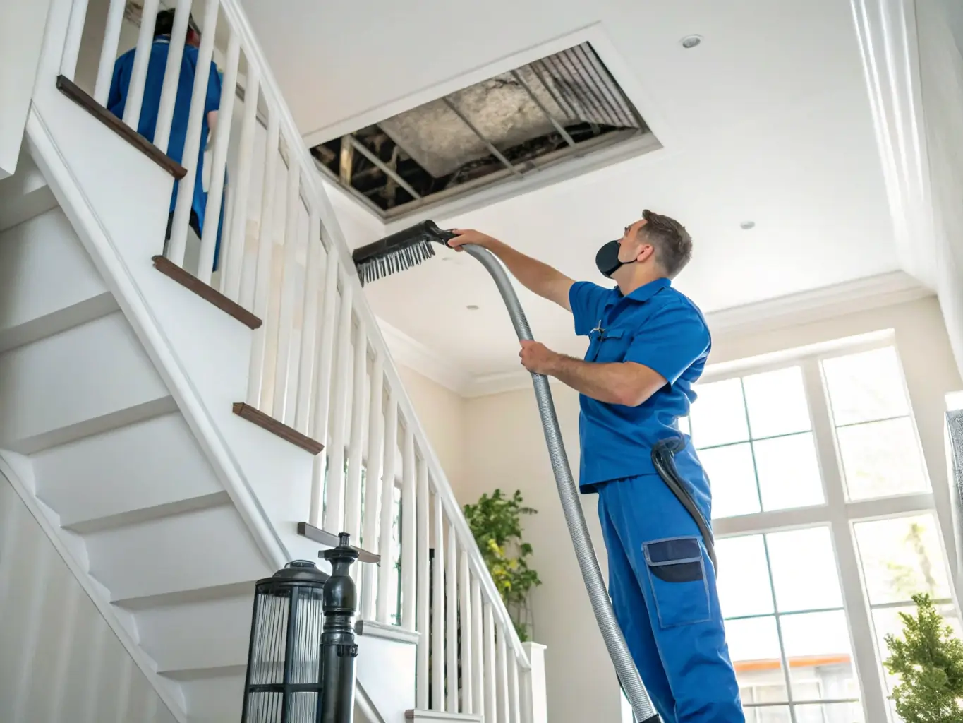 A technician cleaning air ducts with specialized equipment, showcasing a clean and well-maintained duct system, emphasizing the removal of dust and allergens.