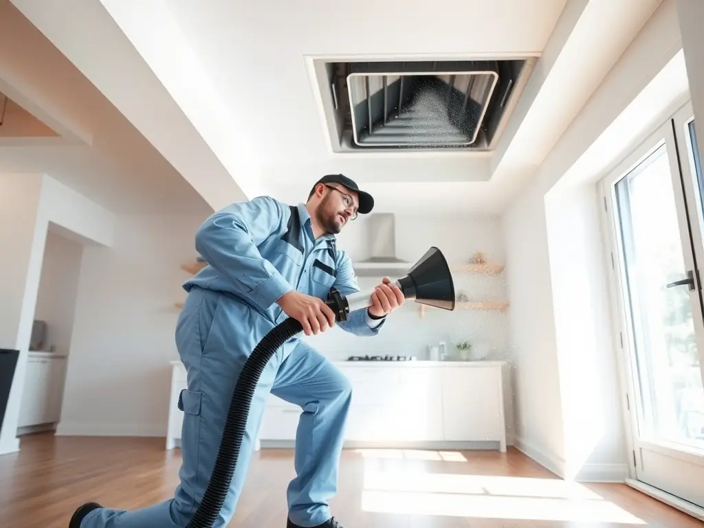 A technician cleaning air ducts with specialized equipment, showcasing a clean and well-maintained duct system, emphasizing the thoroughness of AIR ABSOLUTE SERVICE's cleaning process.