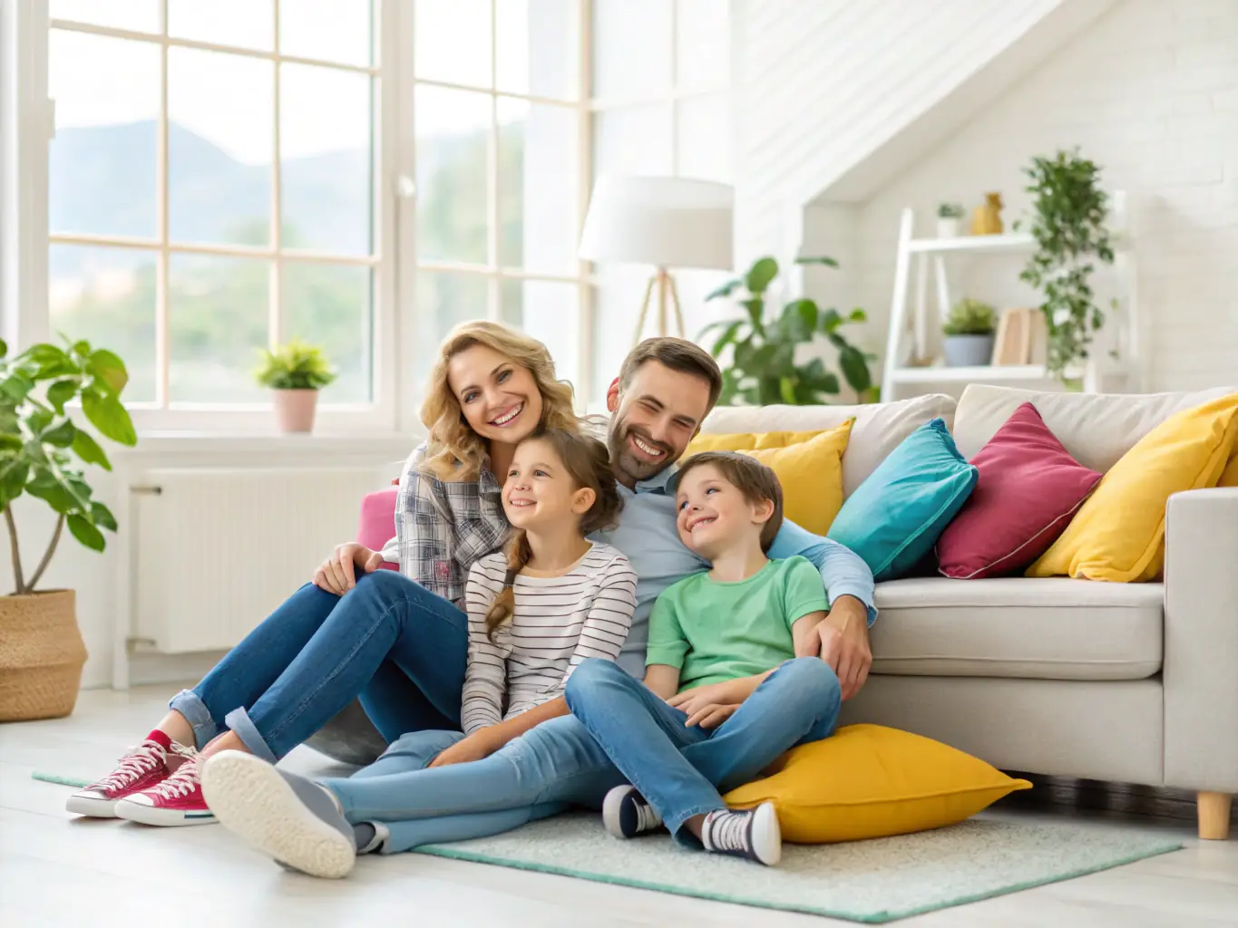 A serene image of a family enjoying clean air in their home, with a modern air purifier subtly placed in the background, symbolizing a healthy indoor environment.