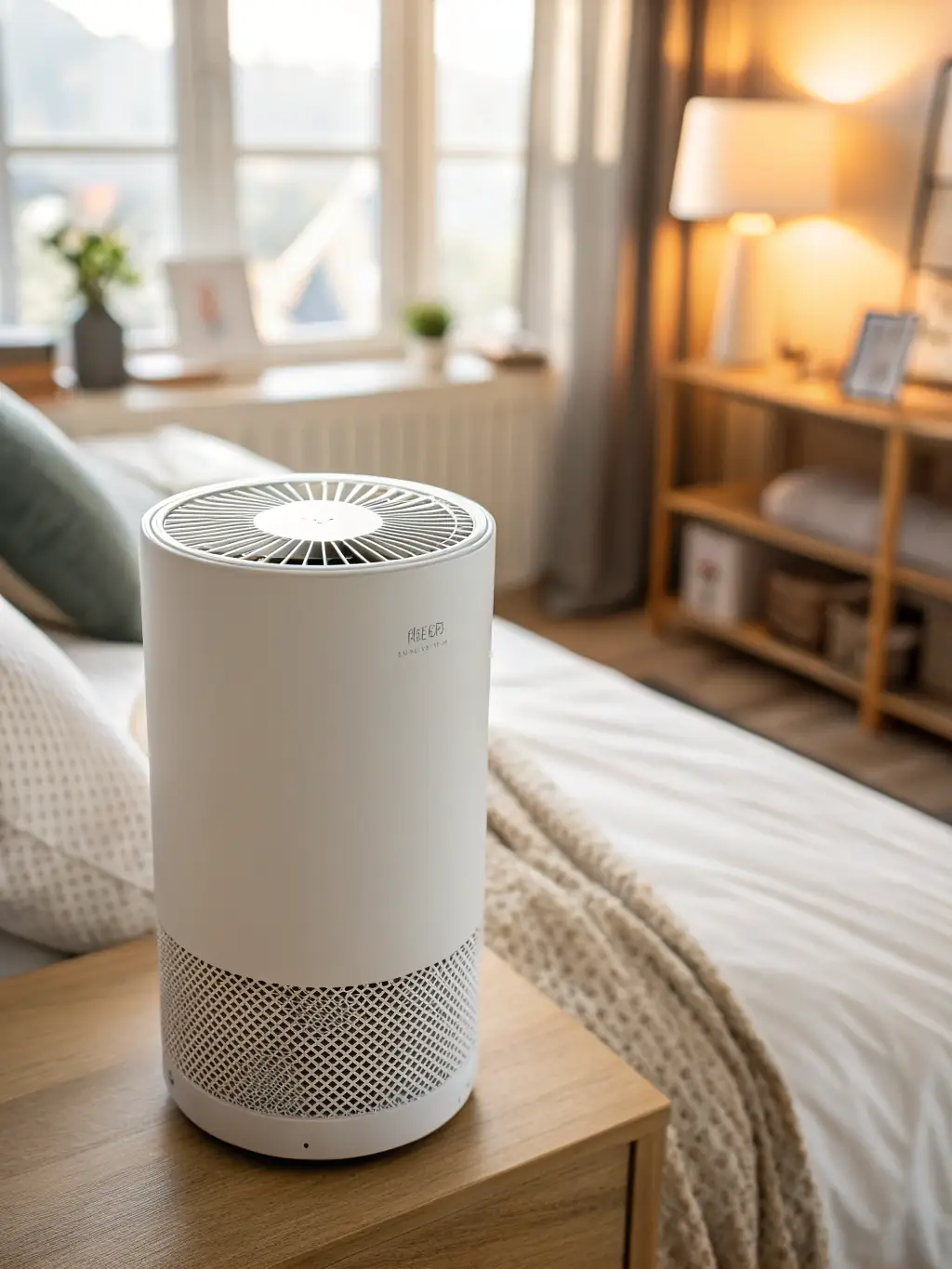 An air purifier installed in a home, showcasing its sleek design and ability to filter out pollutants and improve indoor air quality.
