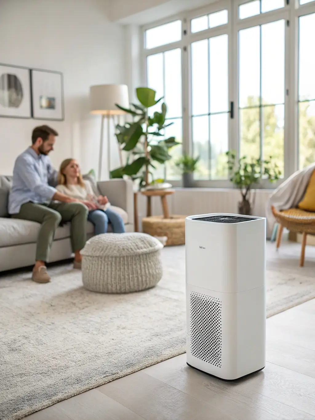 An air purifier installed in a home, showing its sleek design and integration into the living space, emphasizing its role in improving indoor air quality.