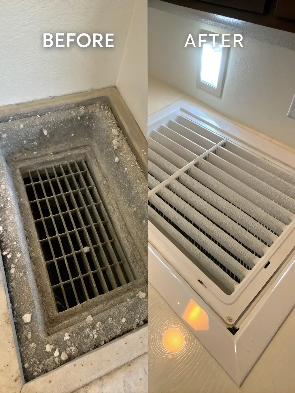 A before-and-after shot of an air duct, showing the significant difference in cleanliness after professional cleaning by AIR ABSOLUTE SERVICE INC.
