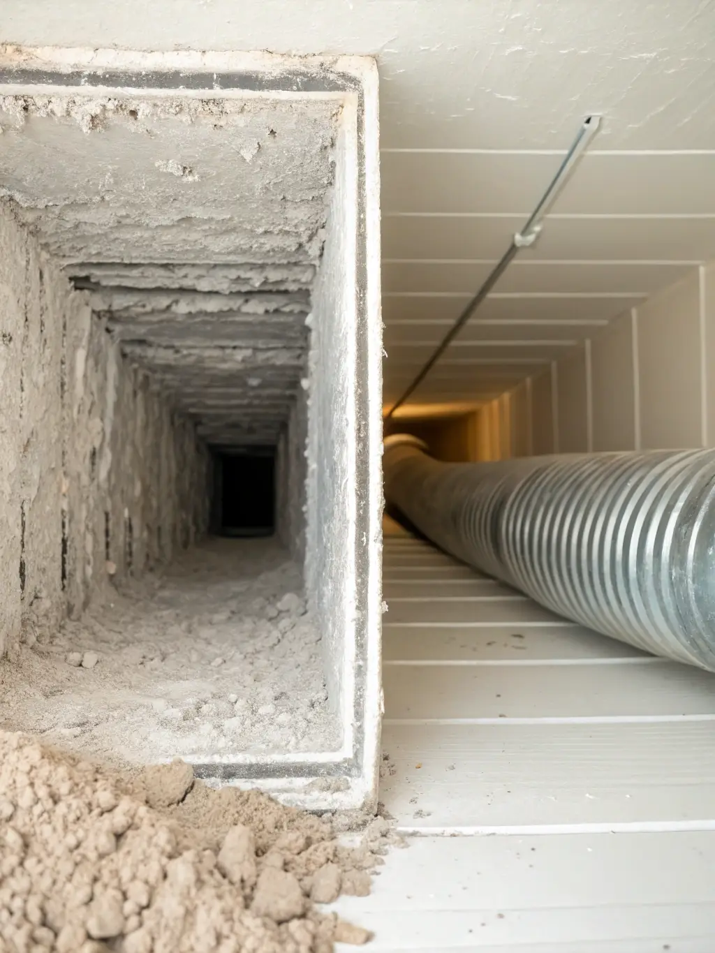 A before-and-after shot of an air duct, showing the significant difference in cleanliness after AIR ABSOLUTE SERVICE INC's cleaning process, highlighting the effectiveness of the service.