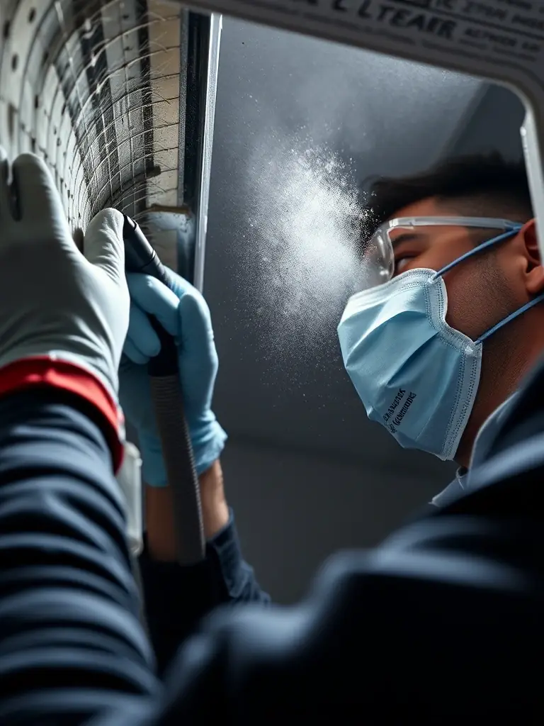 A professional technician in uniform using specialized equipment to clean air ducts in a residential home, ensuring thorough removal of dust and allergens.