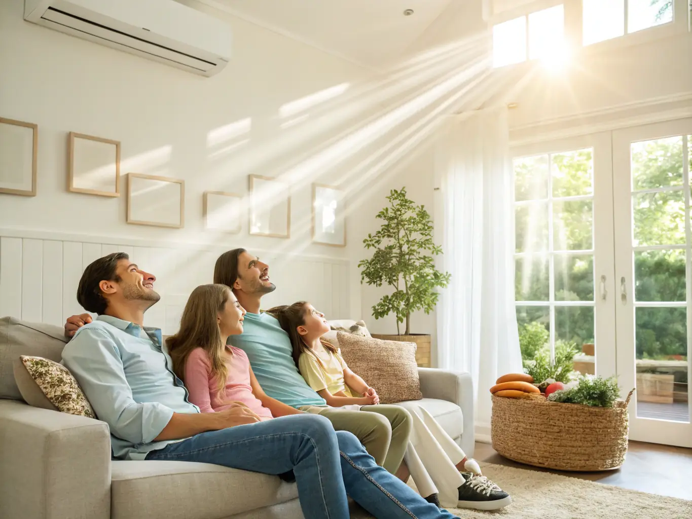 A family enjoying clean, fresh indoor air with an air purifier in the background, illustrating the benefits of improved indoor air quality.