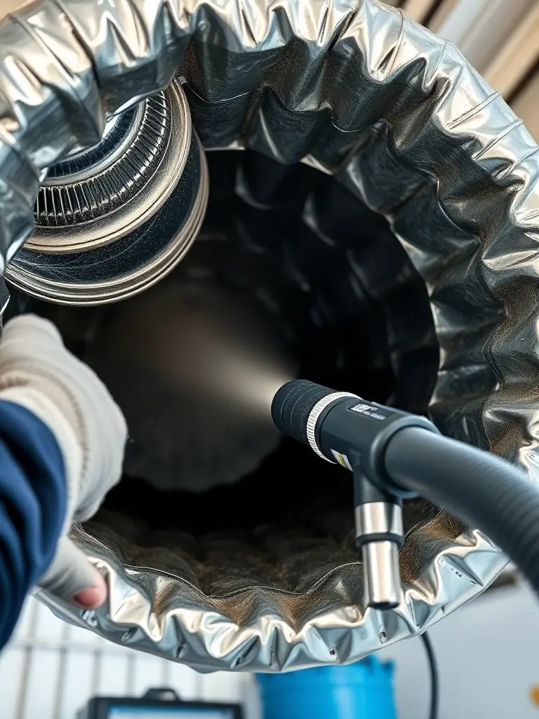 A technician in a clean uniform using specialized equipment to clean the inside of an air duct, removing dust and debris, with a focus on the cleanliness and efficiency of the process.