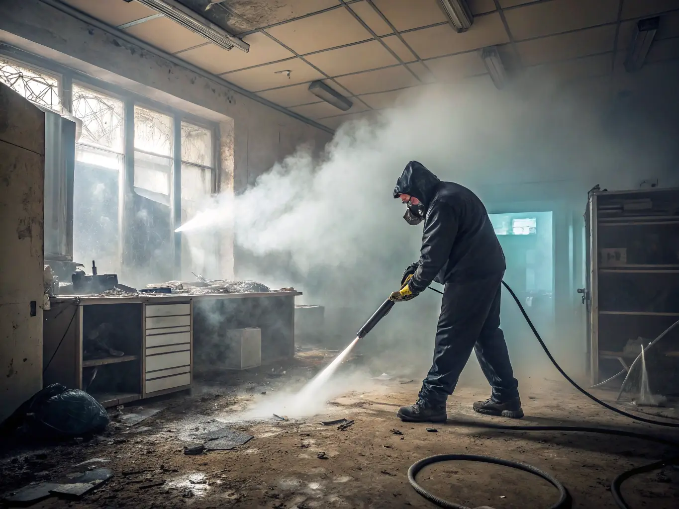 A high-definition image of a technician meticulously cleaning an air duct with professional equipment, ensuring a dust-free and allergen-free environment.