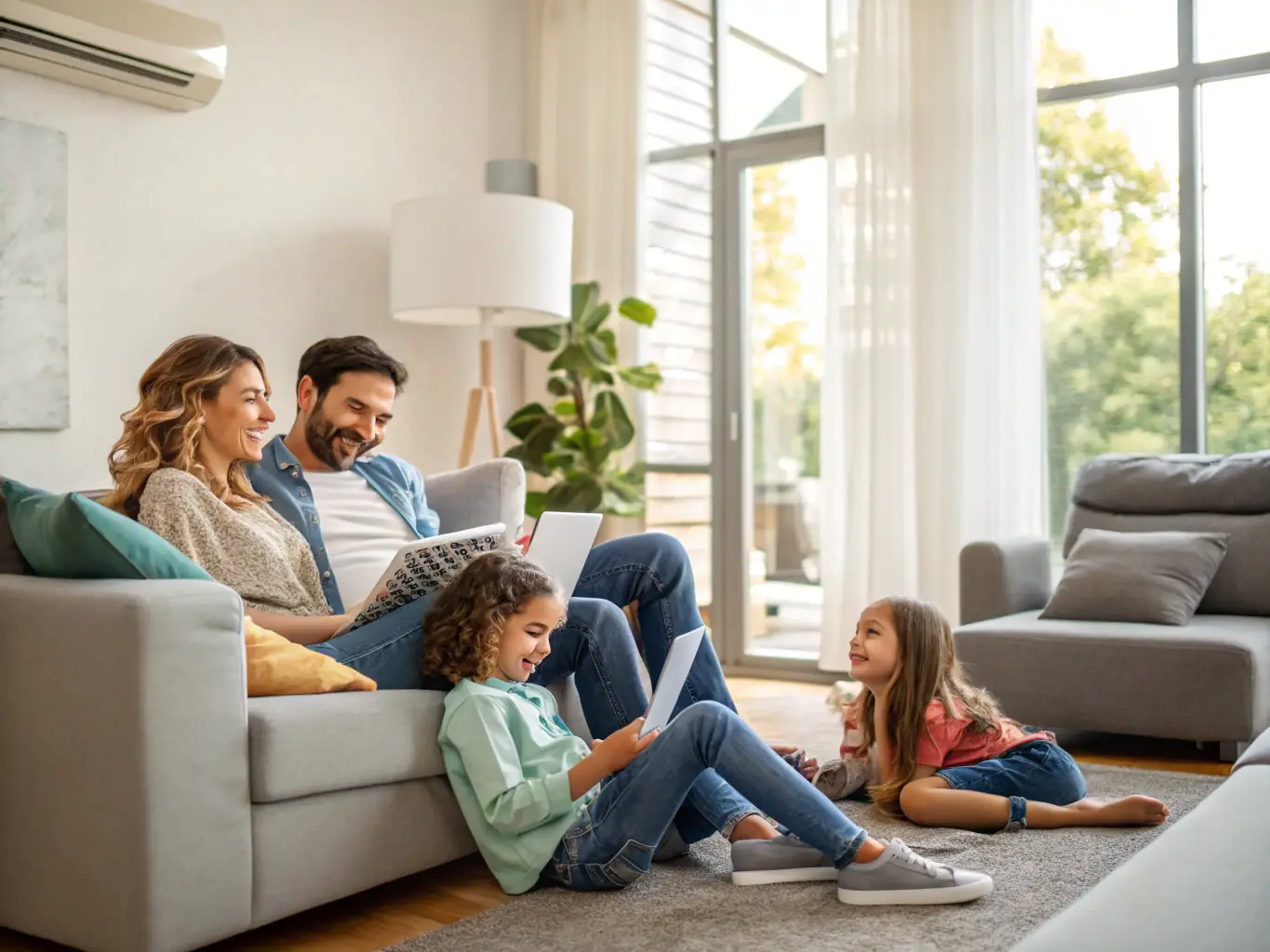A family enjoying clean, fresh indoor air with an air purifier in the background, illustrating the benefits of AIR ABSOLUTE SERVICE's indoor air quality solutions.