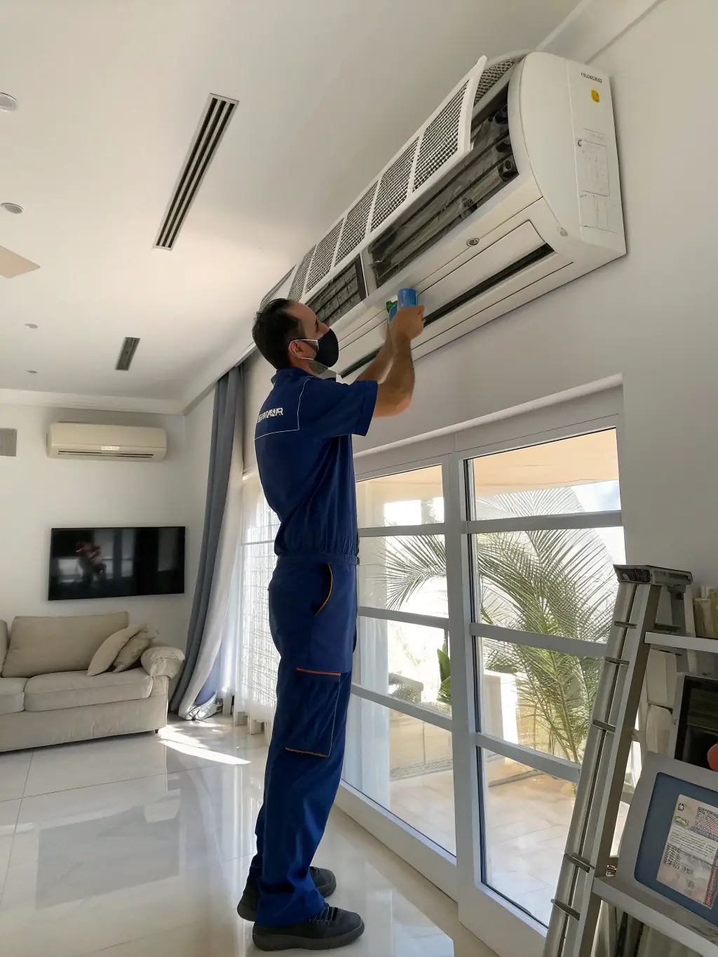A technician performing routine maintenance on an air conditioning unit, checking refrigerant levels and cleaning coils to ensure optimal performance.
